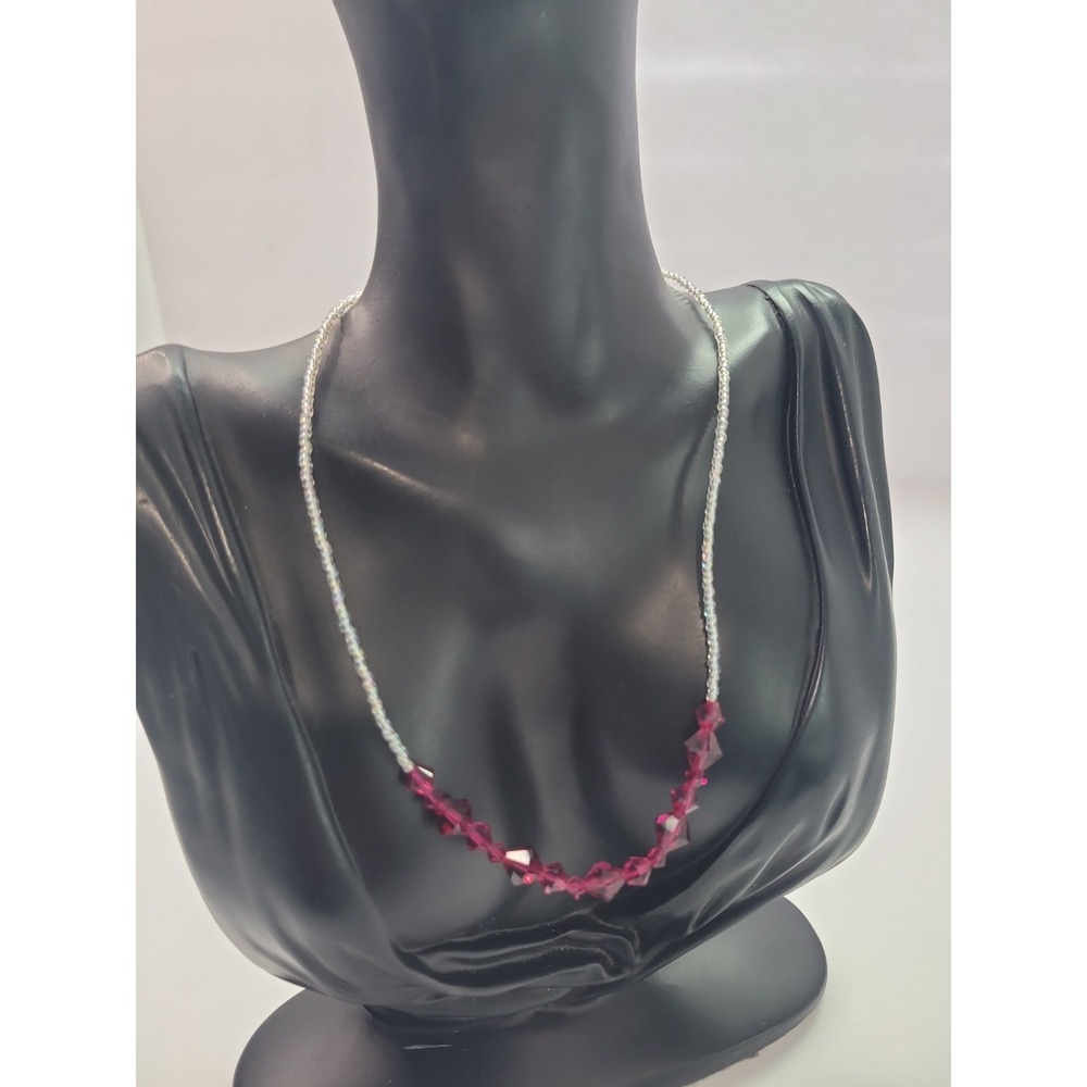Silver Tone Multi Strand Necklace Red Faceted Beads Geometric Statement
